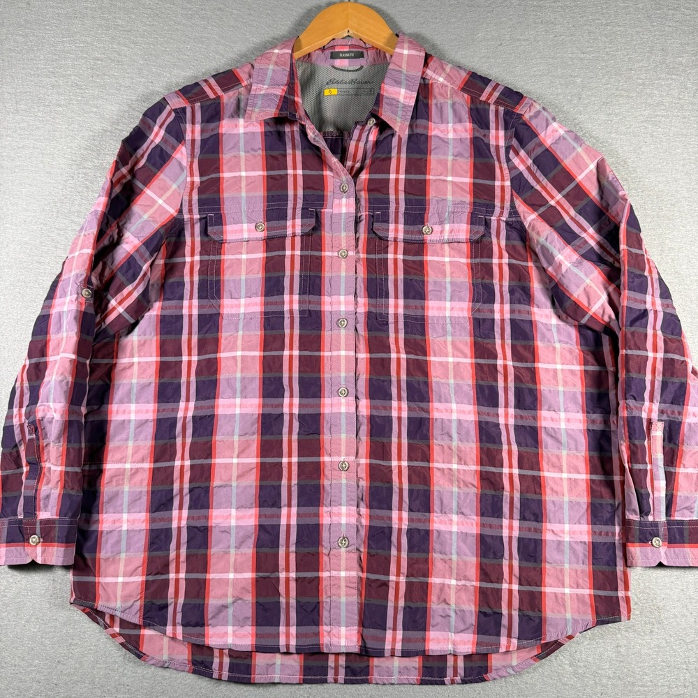 Eddie Bauer Travex Womens XL Purple Pink Plaid Roll Tab Button Up Shirt 21024221